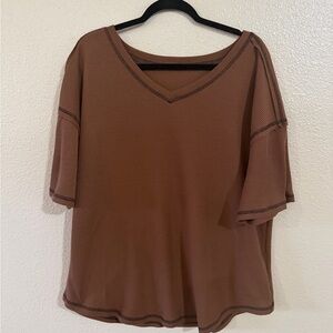 Amazon Waffle Brown V-Neck Short Sleeve Top